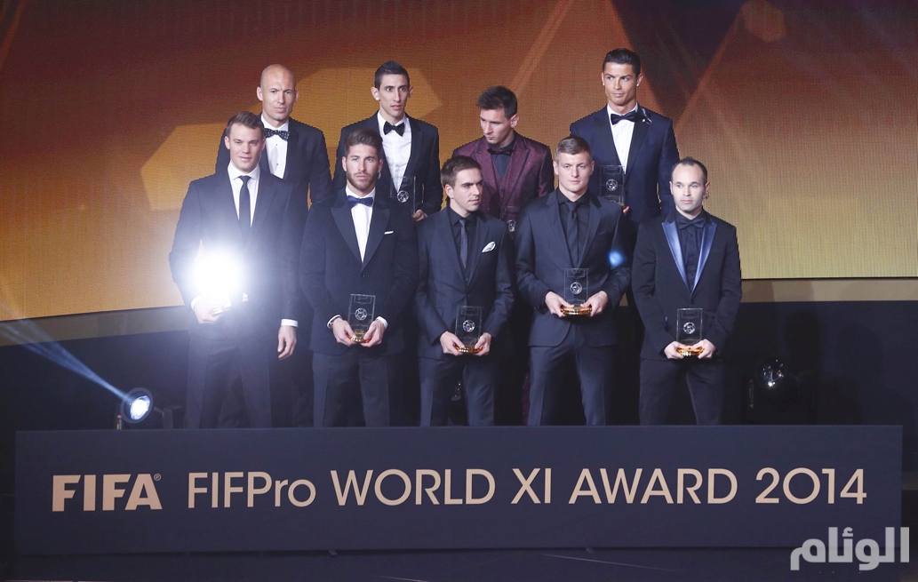 Winners of the FIFA/FIFPro World XI 2014 pose with their trophies during FIFA Ballon d'Or 2014 soccer awards ceremony in Zurich
