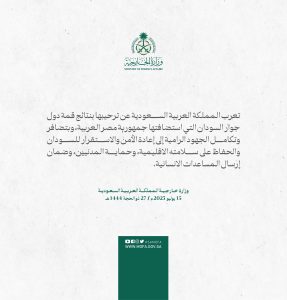تعرب السعودية عن ترحيبها بنتائج قمة دول جوار السودان التي استضافتها مصر