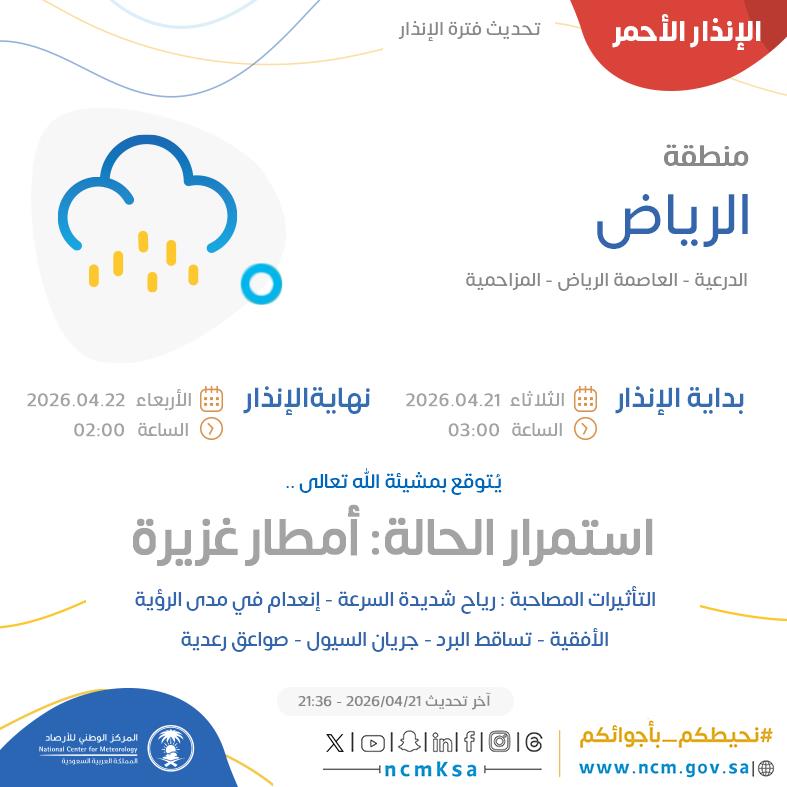 إنذار أحمر.. أمطار غزيرة ورياح شديدة السرعة على منطقة الرياض 