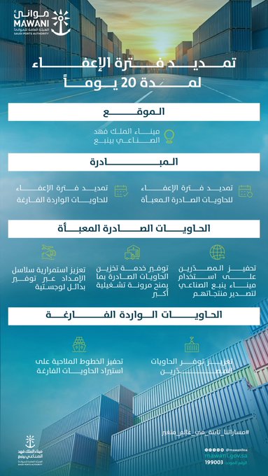 «موانئ» تمدد فترة الإعفاء إلى 20 يوماً للحاويات بميناء الملك فهد الصناعي بينبع 